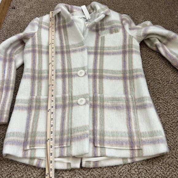 NWT For Love And Lemons Sz Small Cream Purple Plaid Pea Coat Oversized - Picture 9 of 12